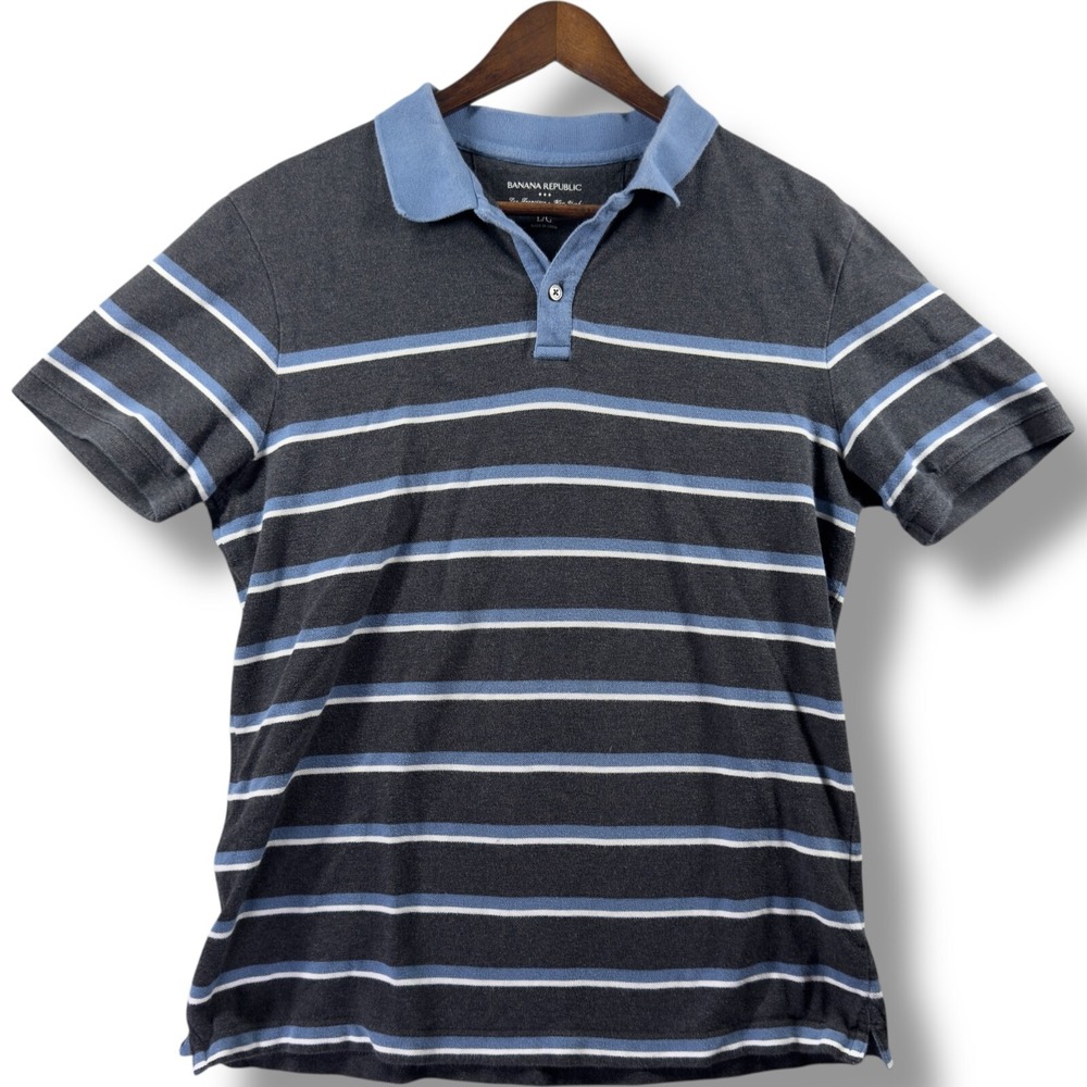 Banana Republic Polo Shirt Mens Large L Gray Blue Stripes Short Sleeve